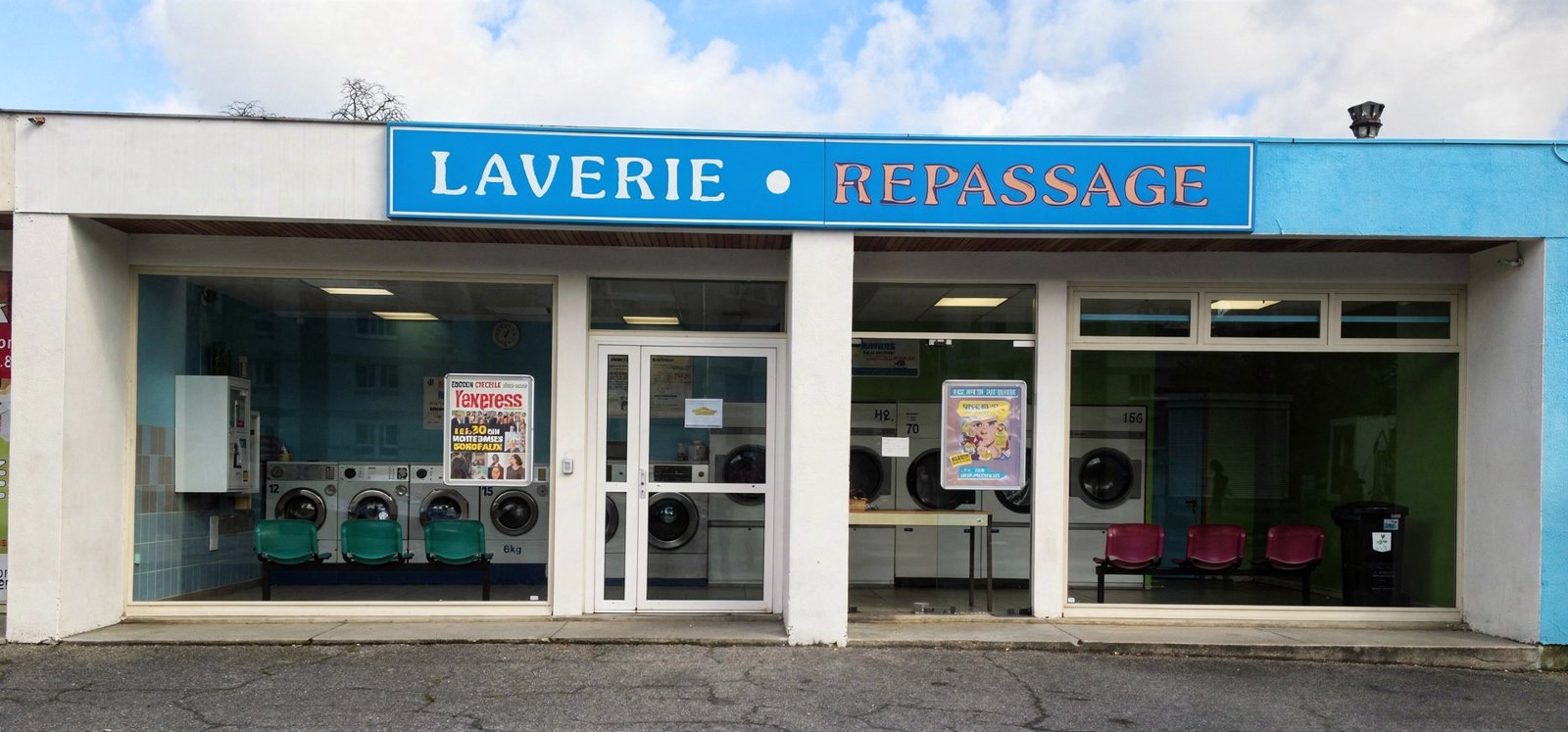 Devanture de la Laverie du Burck, avenue du Maréchal Juin à Mérignac, avec son parking gratuit juste devant